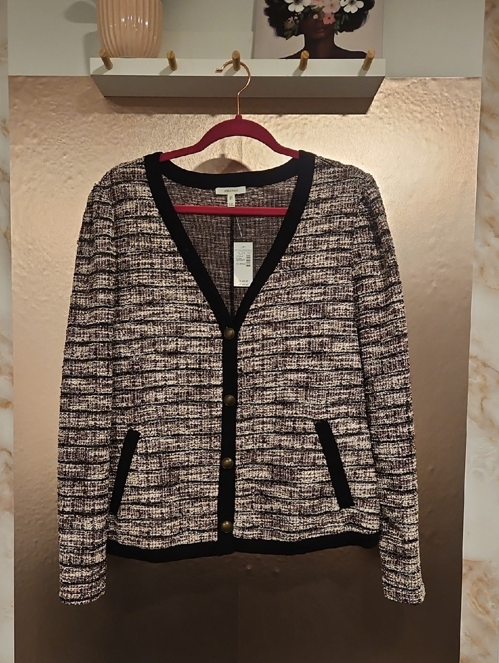Maurices Black/White/Pink Tweed-Look Button Cardigan Blazer